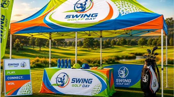 Branded 3x6m aluminium-frame gazebo with printed canopy, table cloth and flag banner at a golf day