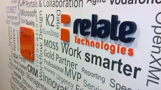 Interior office wall graphic with a dimensional Relate Technologies logo